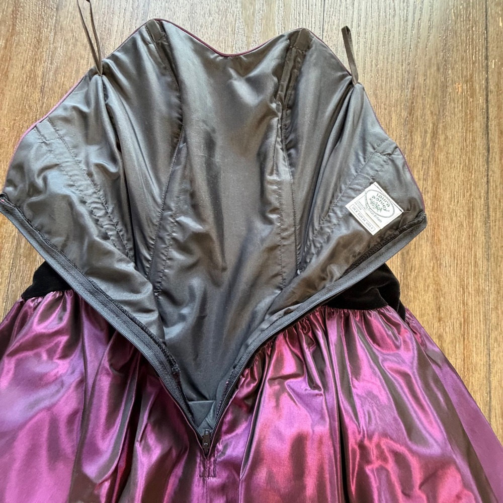 Laura Ashley Vintage 80s Strapless Velvet Taffeta Party Dress Black Purple - Picture 4 of 13